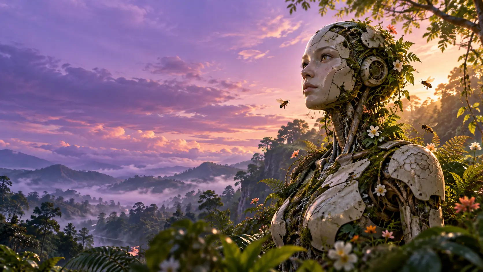 Figura humanoide de placas claras tomada por musgo, samambaias e flores, de perfil sobre um vale de mata com névoa, sob um céu lilás ao entardecer, com abelhas voando por perto