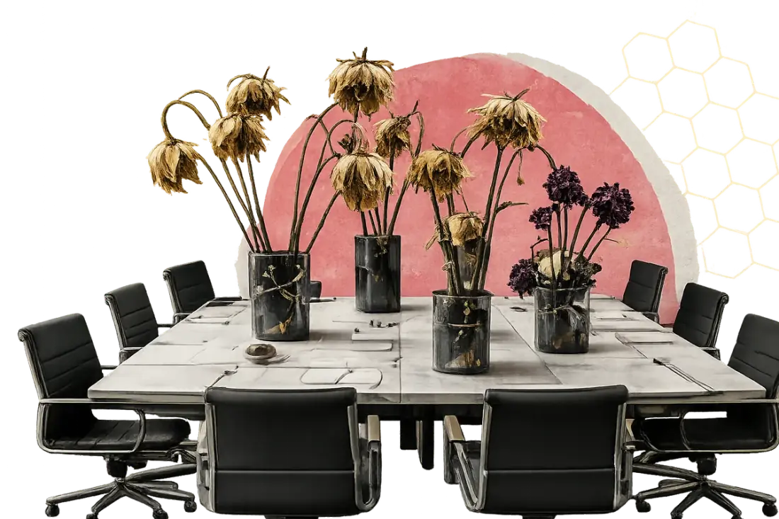 Mesa corporativa posta com vasos de flores secas, a metáfora de relações que perderam o vigor